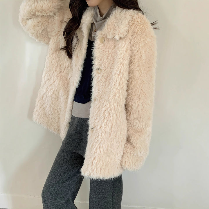 Damen Flauschiger Teddy-Mantel aus Kunstfell mit Hemdkragen und Boxy‑Silhouette Drune