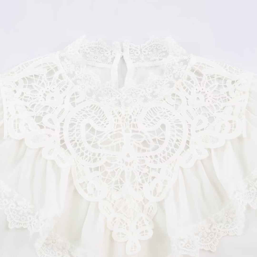 Damen Romantische Spitzenbluse mit Volants und Stehkragen Drune