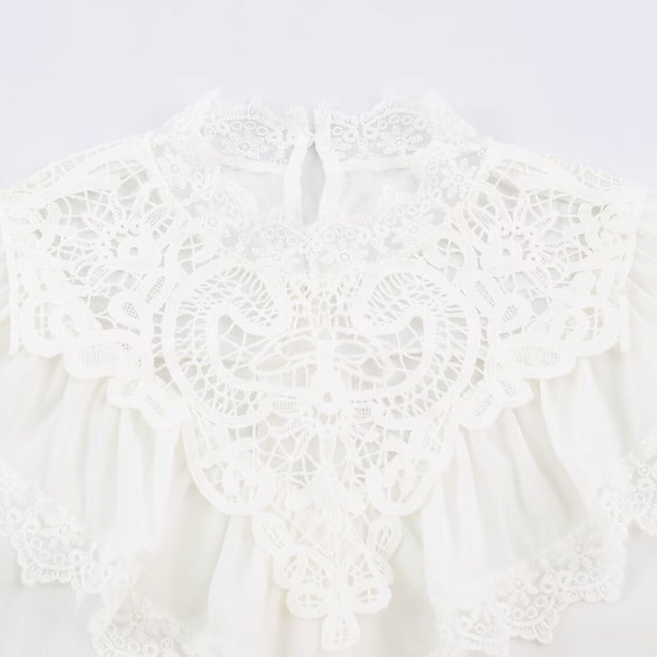 Damen Romantische Spitzenbluse mit Volants und Stehkragen Drune