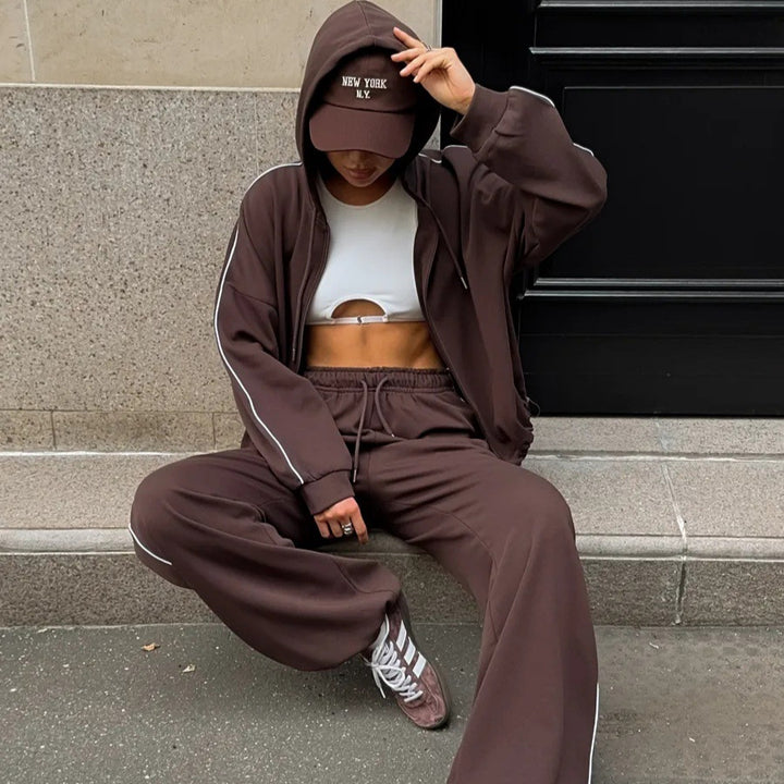 Damen lässiges Lounge-Set aus French-Terry mit Kurzzip-Hoodie und High-Waist Wide-Leg Jogginghose mit Kontrastpaspel Drune