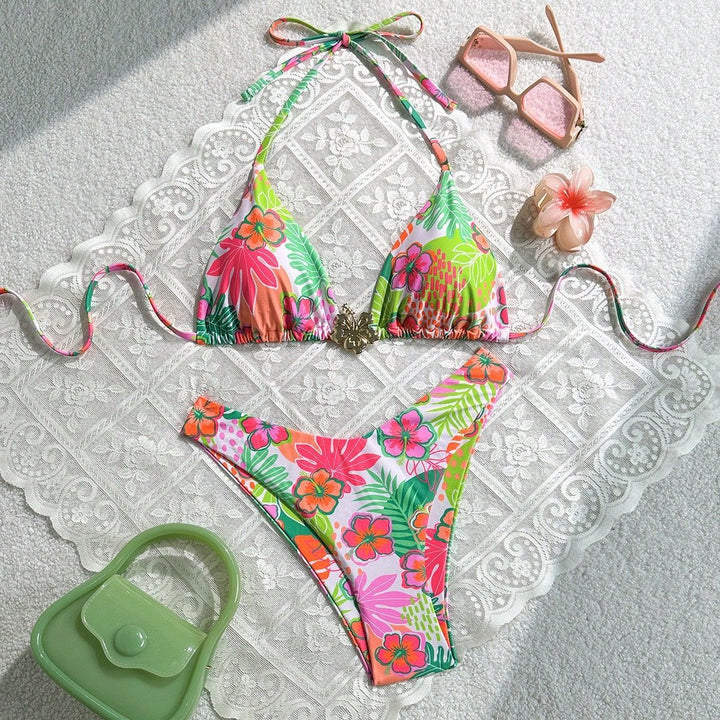 Damen Triangel-Bikini mit farbenfrohem Blumendesign Drune