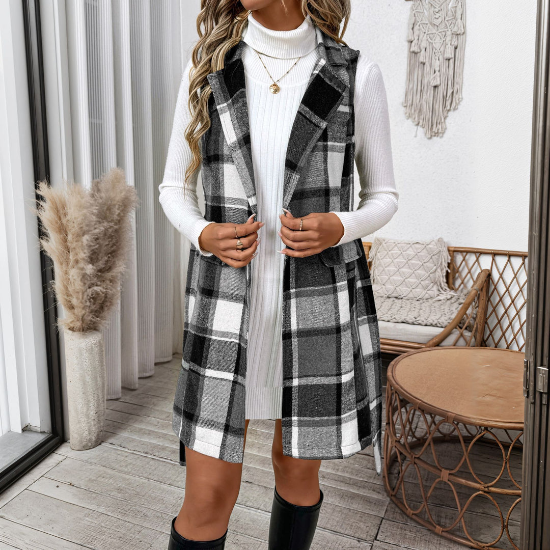 Damen Karierte Langjacke ohne Ärmel Drune