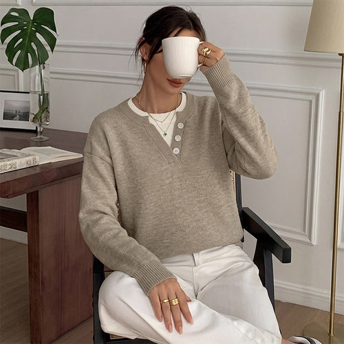 Damen Gemütlicher Pullover mit Knopfdetails Drune