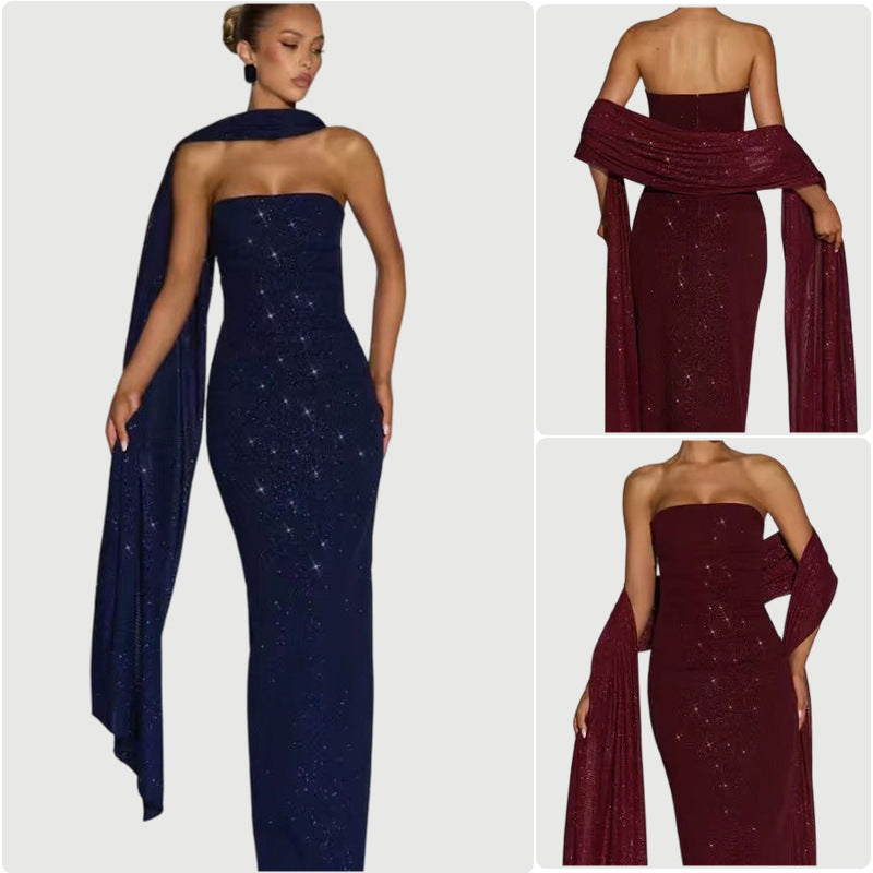 Damen elegantes Abendkleid mit schimmernden Pailletten und schulterfreiem Design Drune