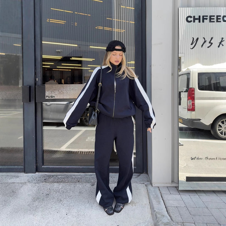 Damen Kurzgeschnittenes Zip-Hoodie-Loungewear-Set aus weicher Sweatqualität mit elastischem Bündchen und High-Waist-Jogger Drune