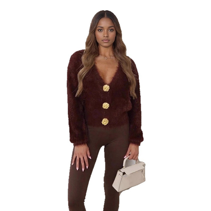 Damen Flauschige Kurzjacke mit V-Ausschnitt und metallischen Zierknöpfen Drune