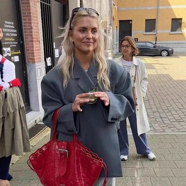Damen elegante Blazerjacke mit asymmetrischem Schnitt und praktischen Taschen Drune
