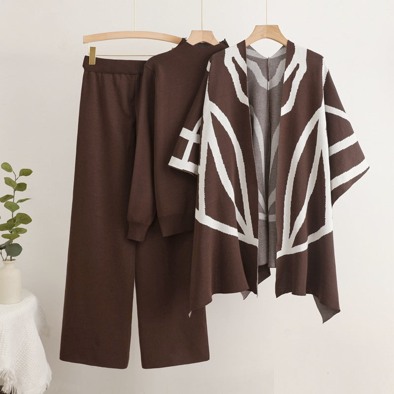 Damen trendiges Strick-Loungewear-Set mit grafischem Poncho-Design Drune