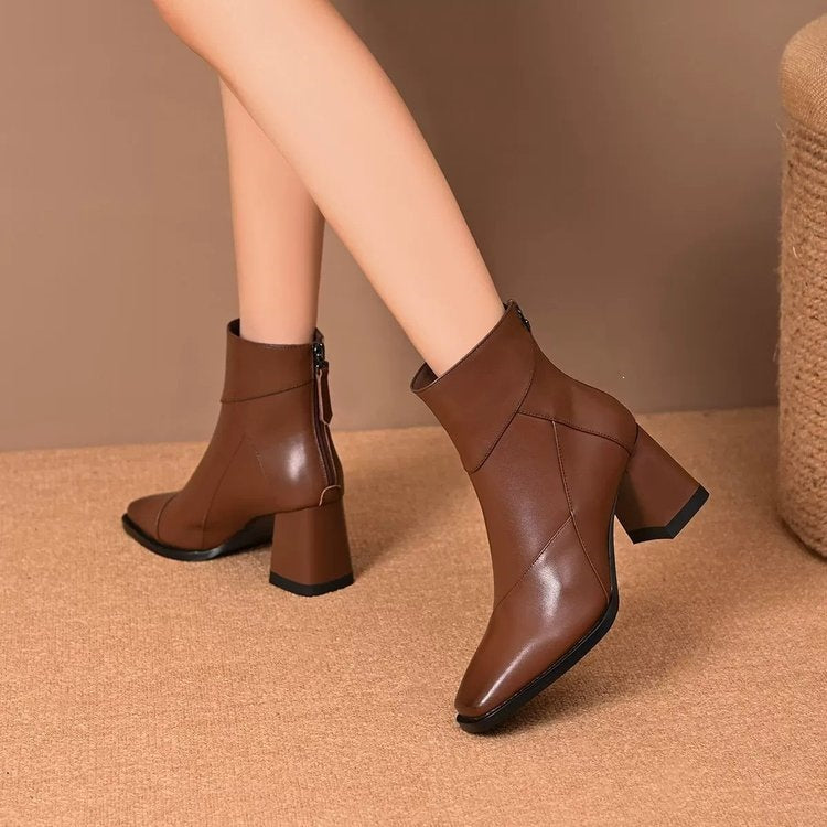 Damen Modische Stiefeletten mit Blockabsatz und spitzer Zehenpartie Drune