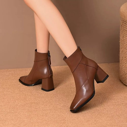 Damen Modische Stiefeletten mit Blockabsatz und spitzer Zehenpartie Drune