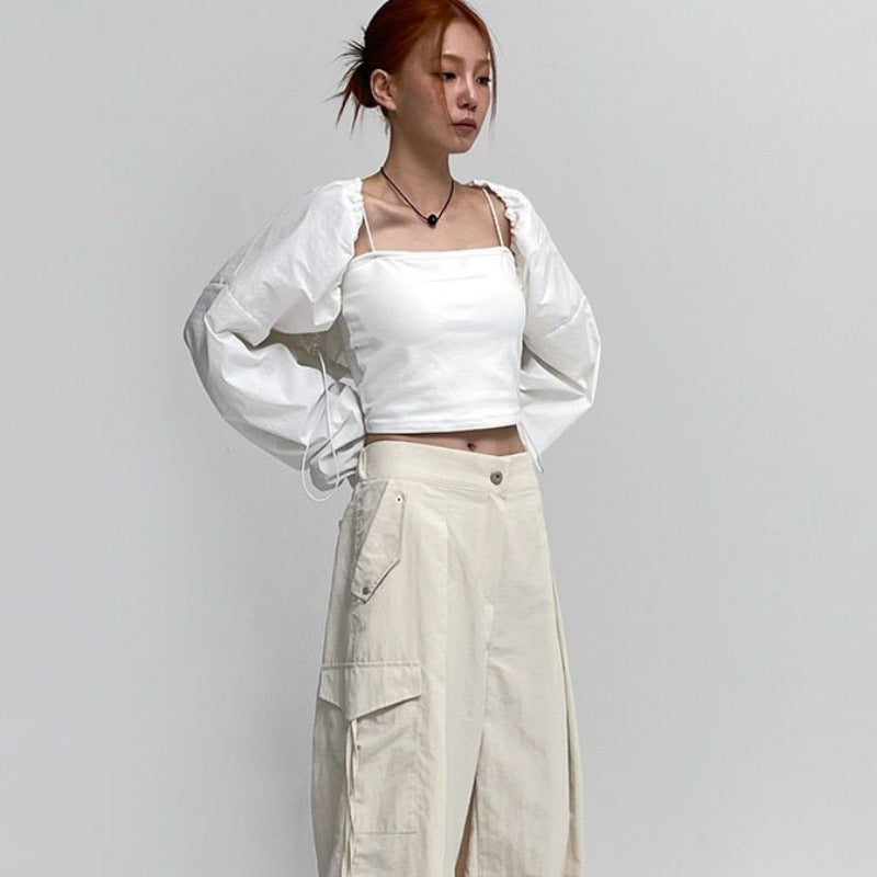 Damen cropped Langarmbluse mit Rüschen Drune
