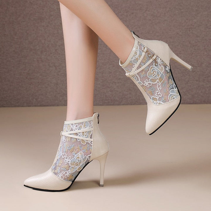 Damen Elegante High Heel Stiefeletten mit transparentem Spitzendesign Drune