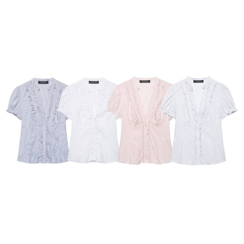 Damen Rüschenbluse mit V-Ausschnitt, Puffärmeln und tailliertem Schnitt Drune