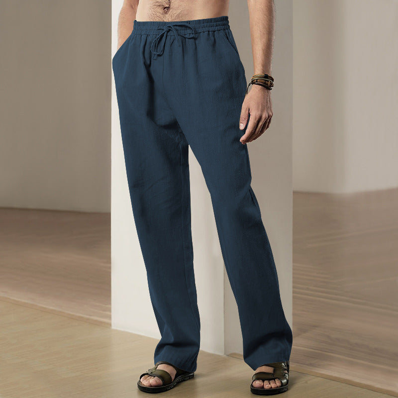 Herren Locker geschnittene Leinenhose mit Kordelzug und geradem Bein Drune