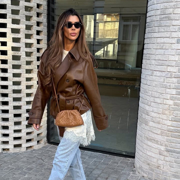 Damen Kurz geschnittener Oversize Lederimitat-Trench mit Taillengürtel und Epauletten Drune