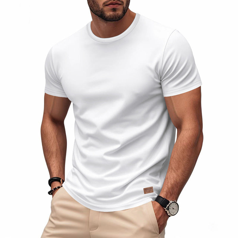 Herren nan schlankes Rundhals-T-Shirt aus glattem Stretchjersey mit dezenter Leder-Logoapplikation Drune