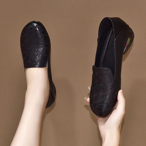 Damen nan elegante gepolsterte Lederloafer mit floral geprägter Oberfläche und mittelhohem Blockabsatz Drune