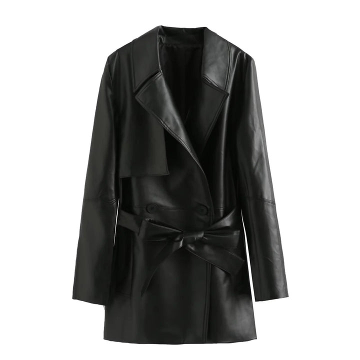 Damen nan veganer Leder-Trenchcoat mit Schalkragen, Bindegürtel und Doppelreiher Drune