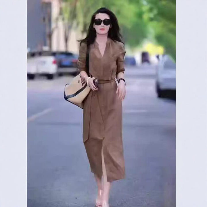 Damen Langes Hemdkleid mit Wickeloptik, Kordel-Taillengürtel und Beinschlitz Drune