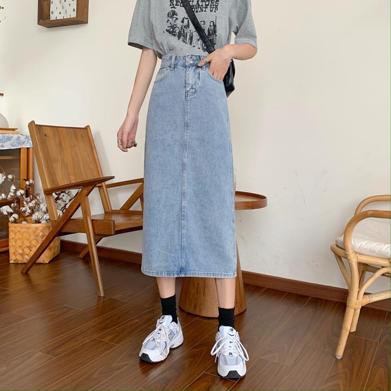 Damen Langer Denim-Rock mit schickem Schlitz Drune