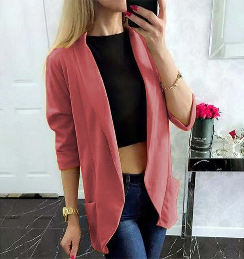 Damen Leichter Offener Cardigan-Blazer, dreiviertelärmelig mit Eingrifftaschen Drune