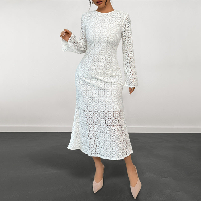 Damen Midikleid aus gehäkelter Spitze mit Trompetenärmeln Drune