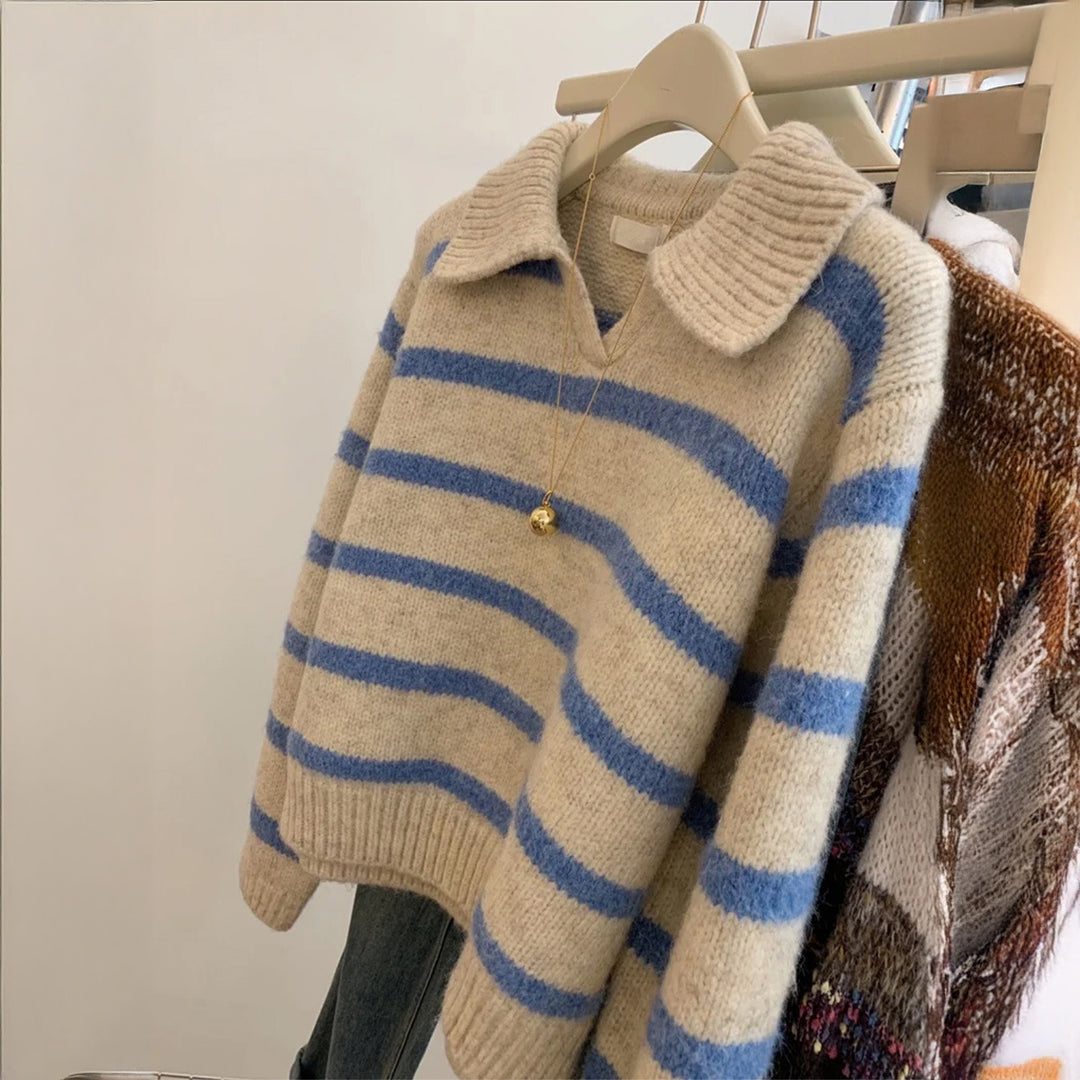 Damen nan kuscheliger Oversize-Strickpullover mit Polokragen und breiten Streifen Drune