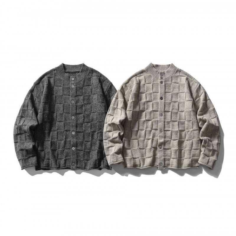 Unisex Strukturierte Boxy-Strickjacke mit Karomuster Drune
