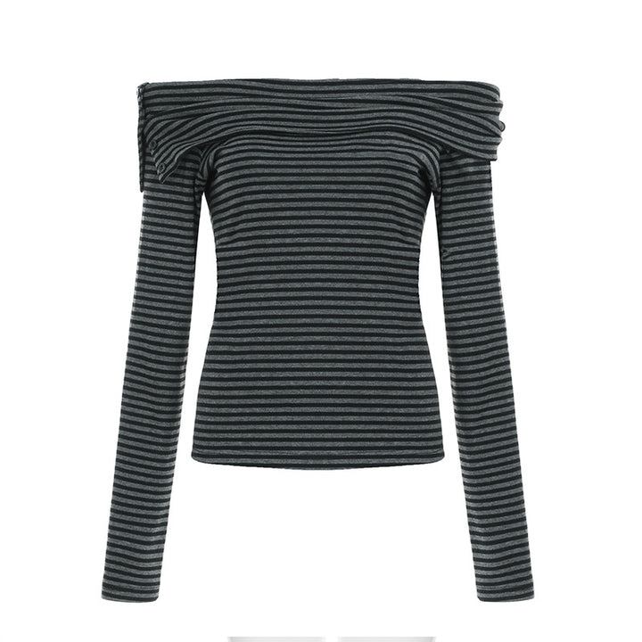 Damen nan schulterfreies Langarmshirt mit Carmen-Ausschnitt, taillierter Passform und feinem Streifenmuster Drune