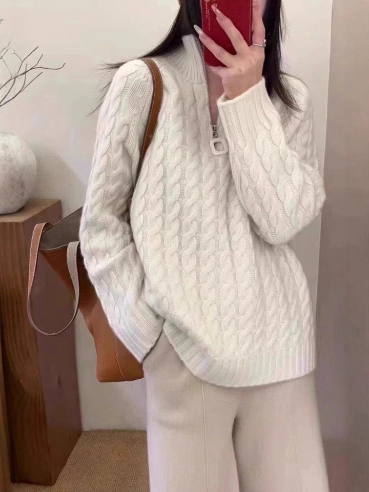 Damen Oversize Zopfmuster-Feinstrickpullover mit halbem Zipper und Stehkragen Drune