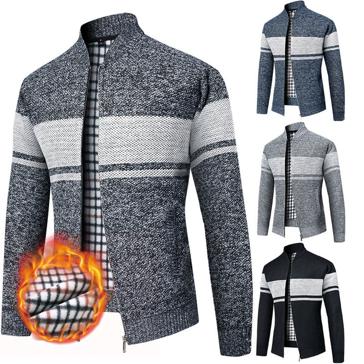 Herren Thermo-Strickzipjacke mit Stehkragen und kariertem Fleecefutter Drune
