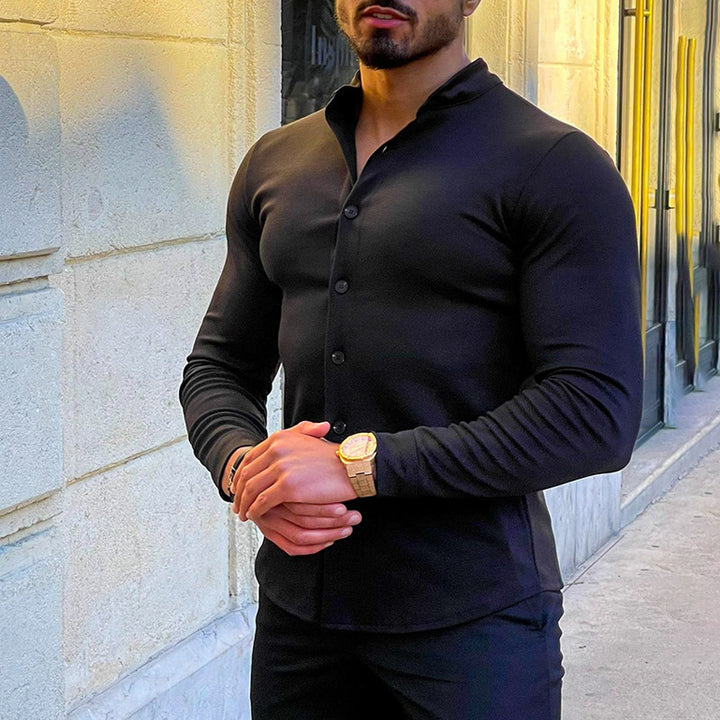 Herren Slim-Fit Langarmhemd mit Stehkragen und elastischem Jersey Drune