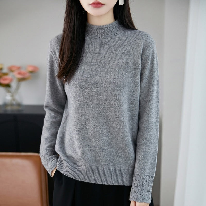 Damen Mockneck-Feinstrickpullover mit Ajour-Detail an Kragen und Bündchen Drune