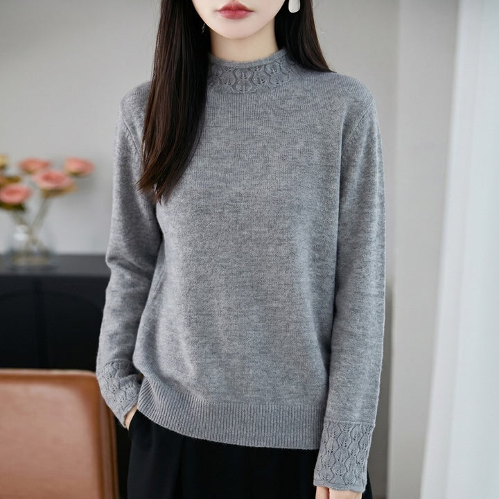 Damen Mockneck-Feinstrickpullover mit Ajour-Detail an Kragen und Bündchen Drune
