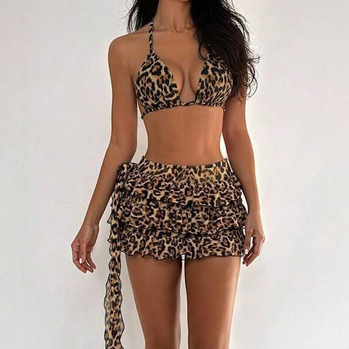 Damen Triangel-Bikini mit sexy Leo-Muster und Rüschenrock Drune