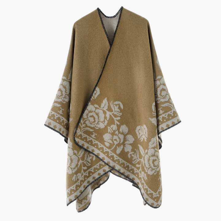 Damen Weicher Oversize-Capeponcho im Blumen-Jacquard mit kontrastierter Kettelkante Drune
