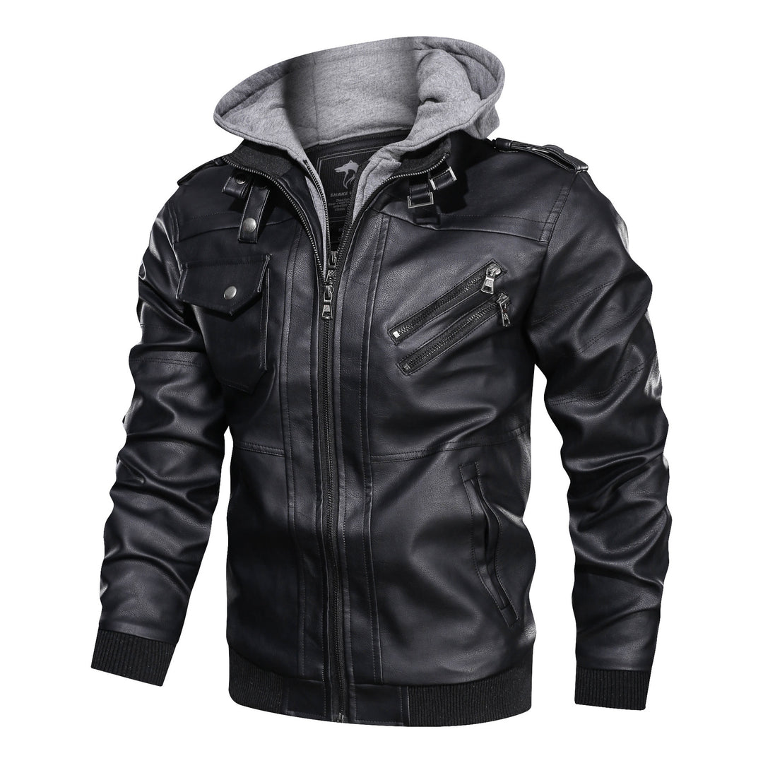 Herren Lederoptik-Utility-Jacke mit Kapuze, Reißverschlusstaschen und Rippbündchen Drune