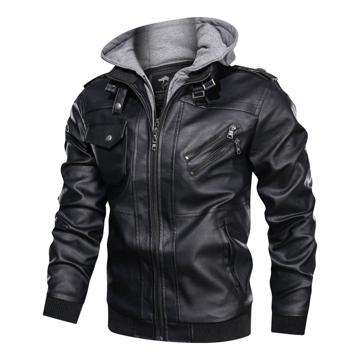 Herren Lederoptik-Utility-Jacke mit Kapuze, Reißverschlusstaschen und Rippbündchen Drune