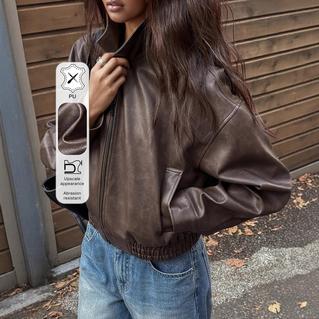 Damen Oversize Kunstlederjacke im modernen Look mit praktischem Reißverschluss und elastischem Bund Drune