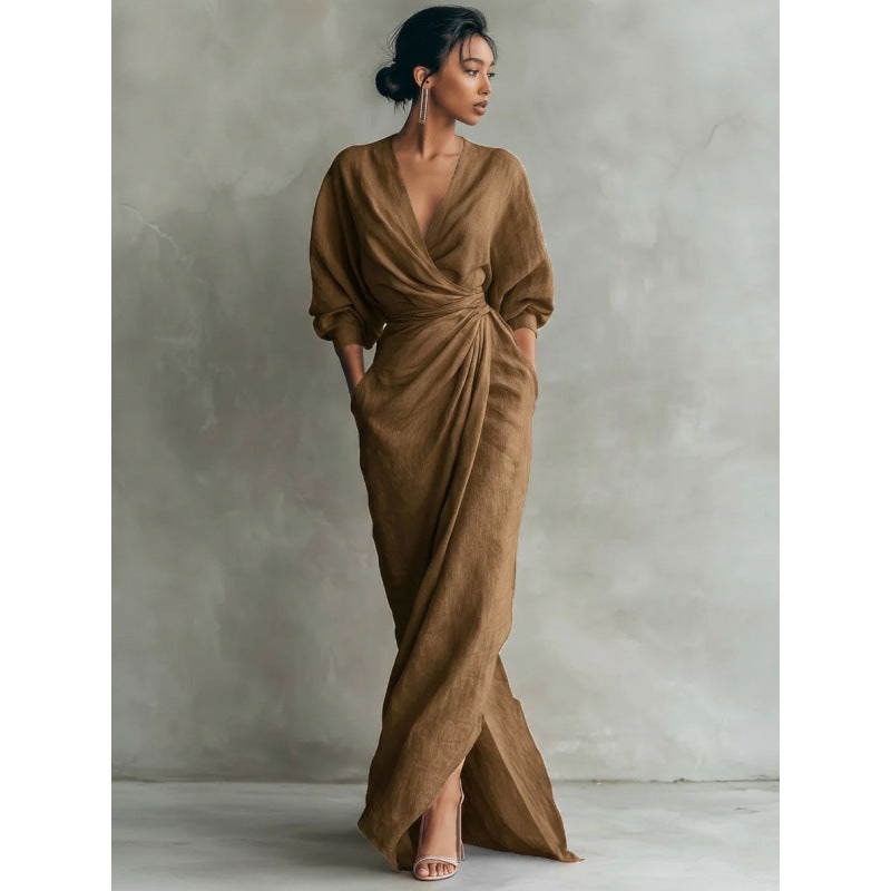 Damen Drapiertes Wickel-Maxikleid mit tiefem V-Ausschnitt, Taillen-Twist und Eingrifftaschen Drune