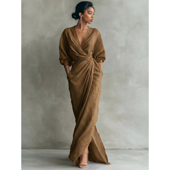 Damen Drapiertes Wickel-Maxikleid mit tiefem V-Ausschnitt, Taillen-Twist und Eingrifftaschen Drune