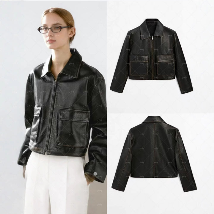 Damen Kurze Boxy-Lederoptik-Jacke mit Reißverschluss und großen Pattentaschen Drune