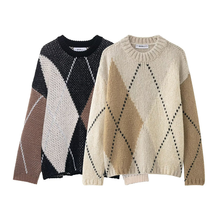 Damen 20+ Oversize Argyle Strickpullover mit Rundhalsausschnitt und grober Maschenstruktur Drune
