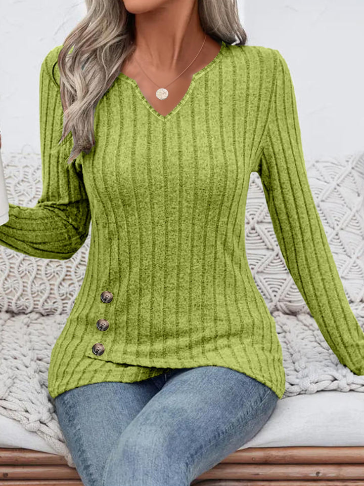 Damen Geripptes Longsleeve-Tunika mit V-Ausschnitt und seitlichen Zierknöpfen Drune