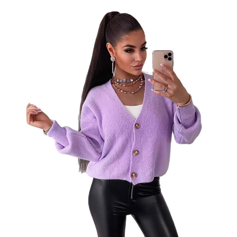 Damen kuschelige Strickjacke mit großen Knöpfen und lockeren Ärmeln Drune