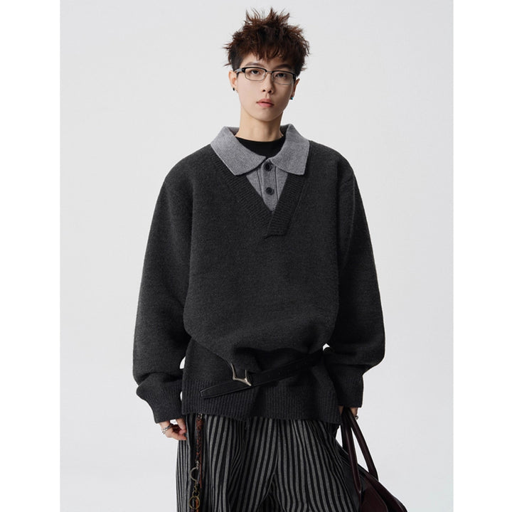 Damen Modischer Grobstrickpullover mit V-Ausschnitt und Kragen Drune