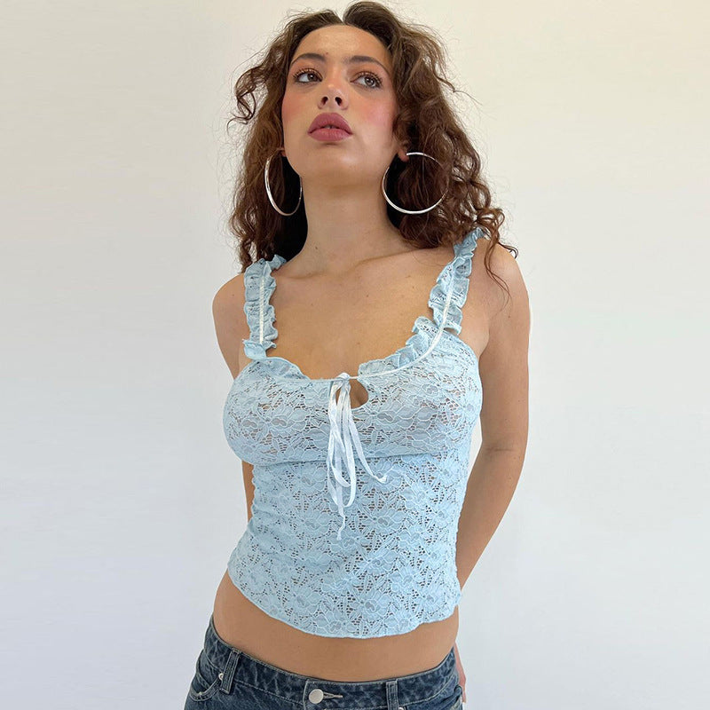 Damen Spitzenoberteil mit Rüschendetails und Bindegürtel Drune