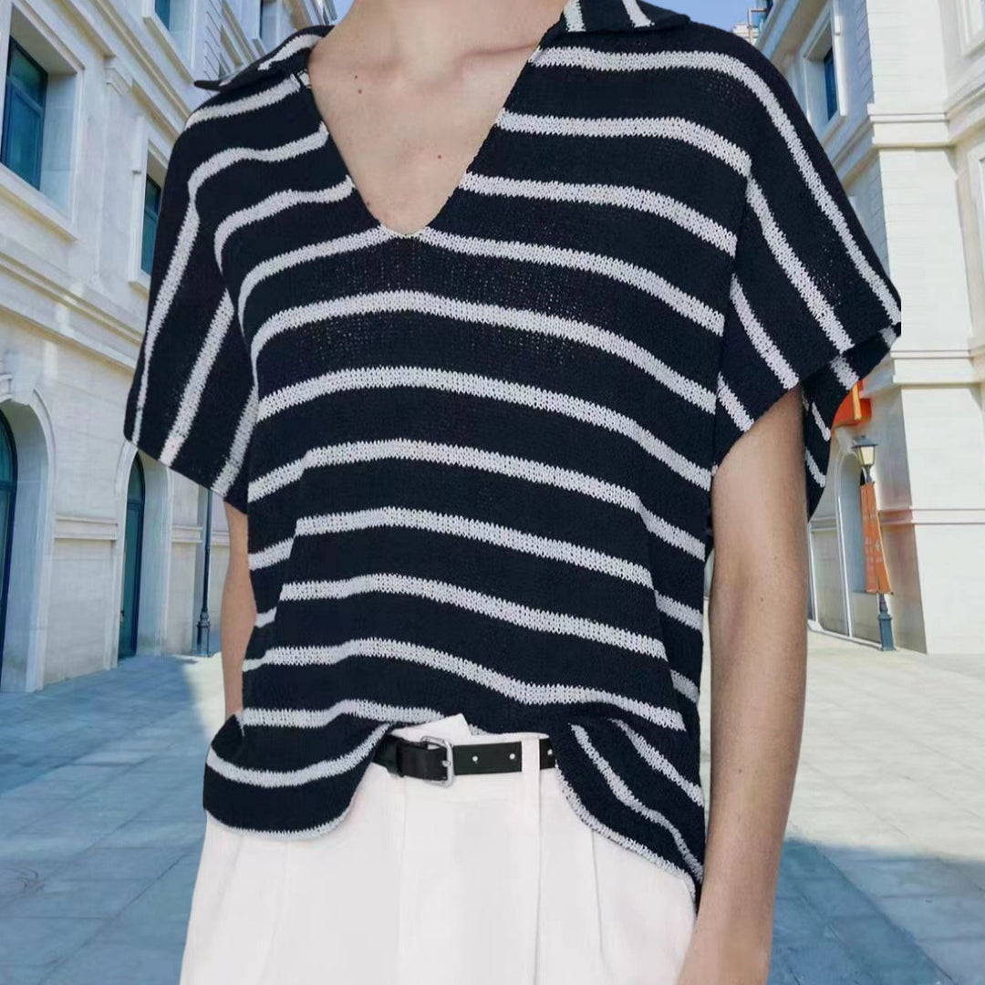 Damen Strickoberteil mit elegantem Kragen und modischem Streifenmuster Drune