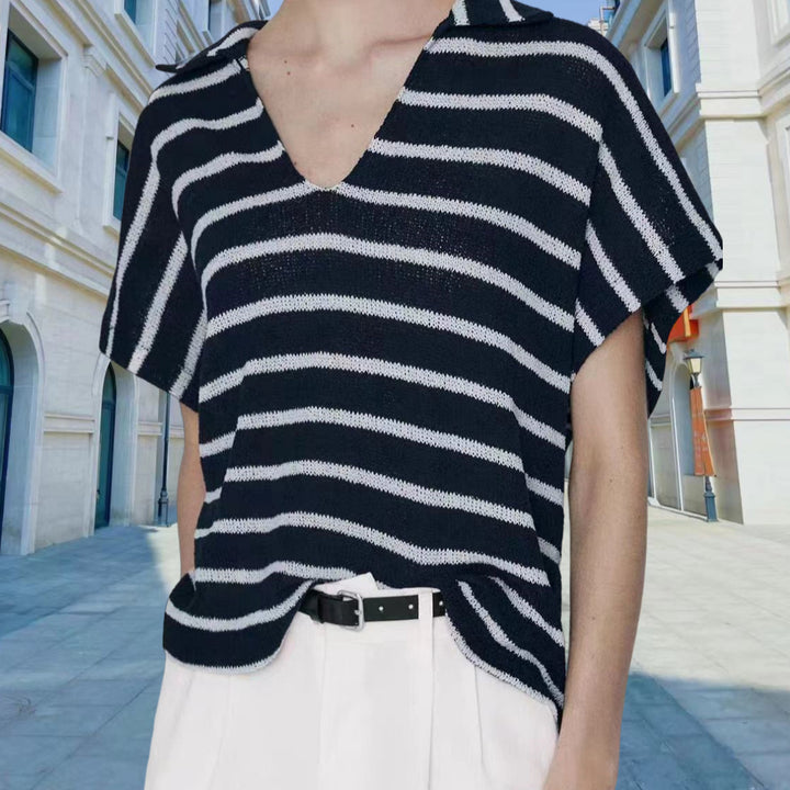 Damen Strickoberteil mit elegantem Kragen und modischem Streifenmuster Drune