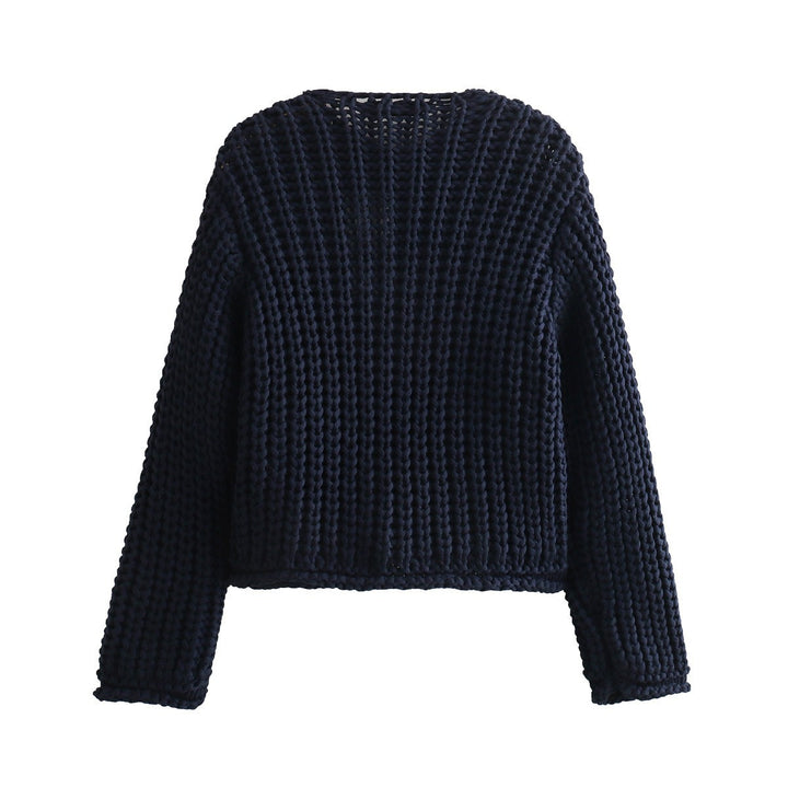 Damen Grobstrick-Cardigan mit V‑Ausschnitt, goldener Knopfleiste und aufgesetzten Taschen Drune